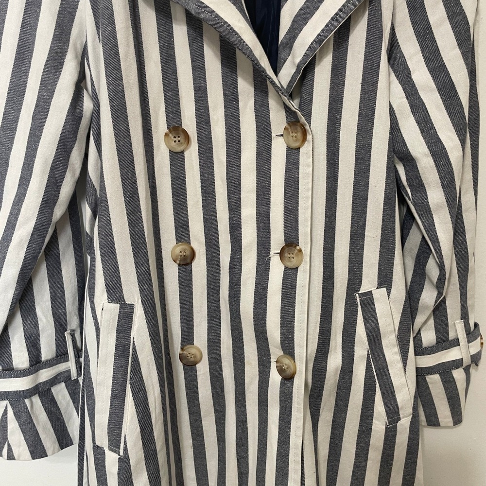 Navy Blue White Striped Double Breasted Trench Coat Jacket Belted Cuffs Large - Picture 7 of 8